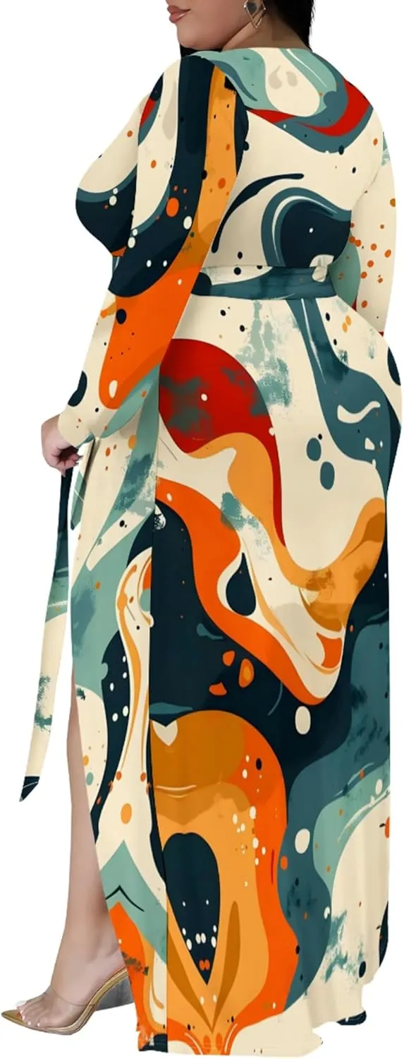 Plus Size Dresses for Women Floral Print Maxi Dress Slit Flowy 3/4 Sleeve with Belt