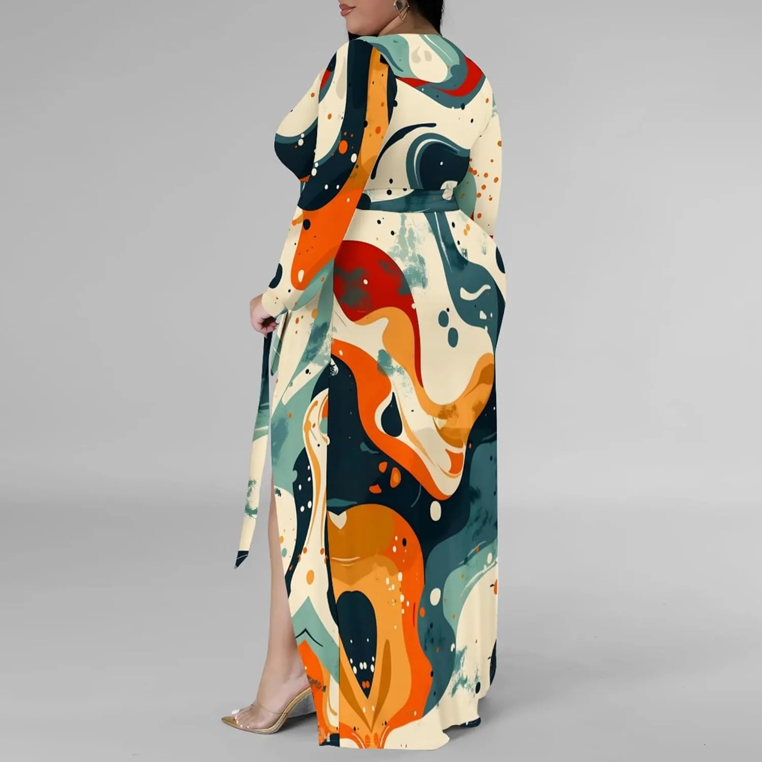 Plus Size Dresses for Women Floral Print Maxi Dress Slit Flowy 3/4 Sleeve with Belt
