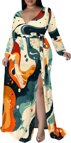 Plus Size Dresses for Women Floral Print Maxi Dress Slit Flowy 3/4 Sleeve with Belt