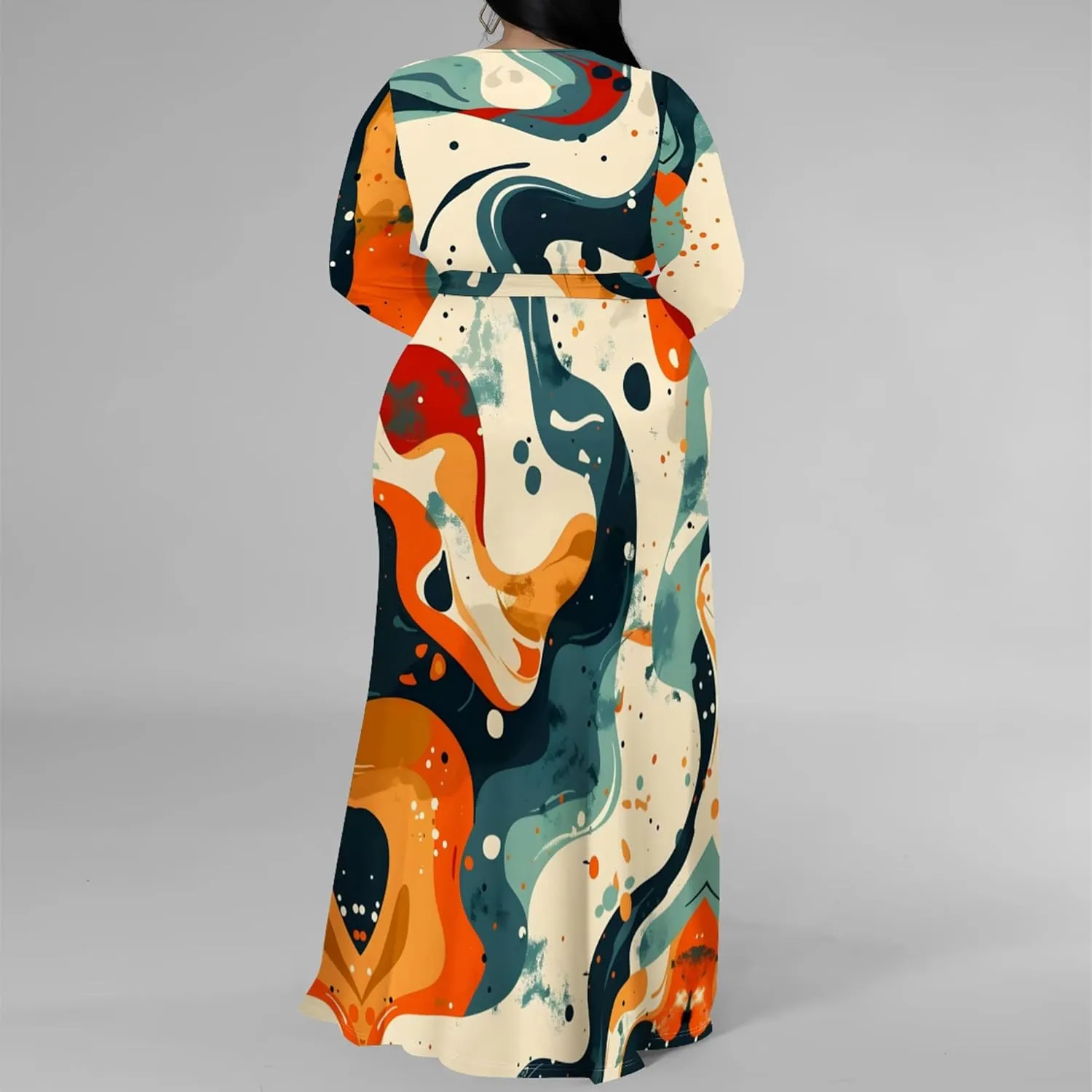 Plus Size Dresses for Women Floral Print Maxi Dress Slit Flowy 3/4 Sleeve with Belt