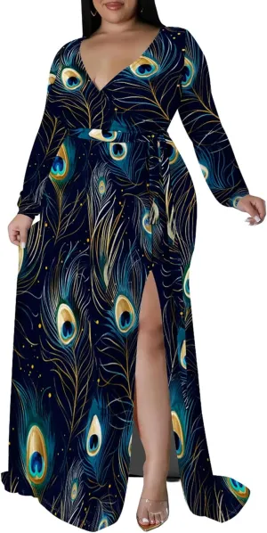 Plus Size Dresses for Women Floral Print Maxi Dress Slit Flowy 3/4 Sleeve with Belt