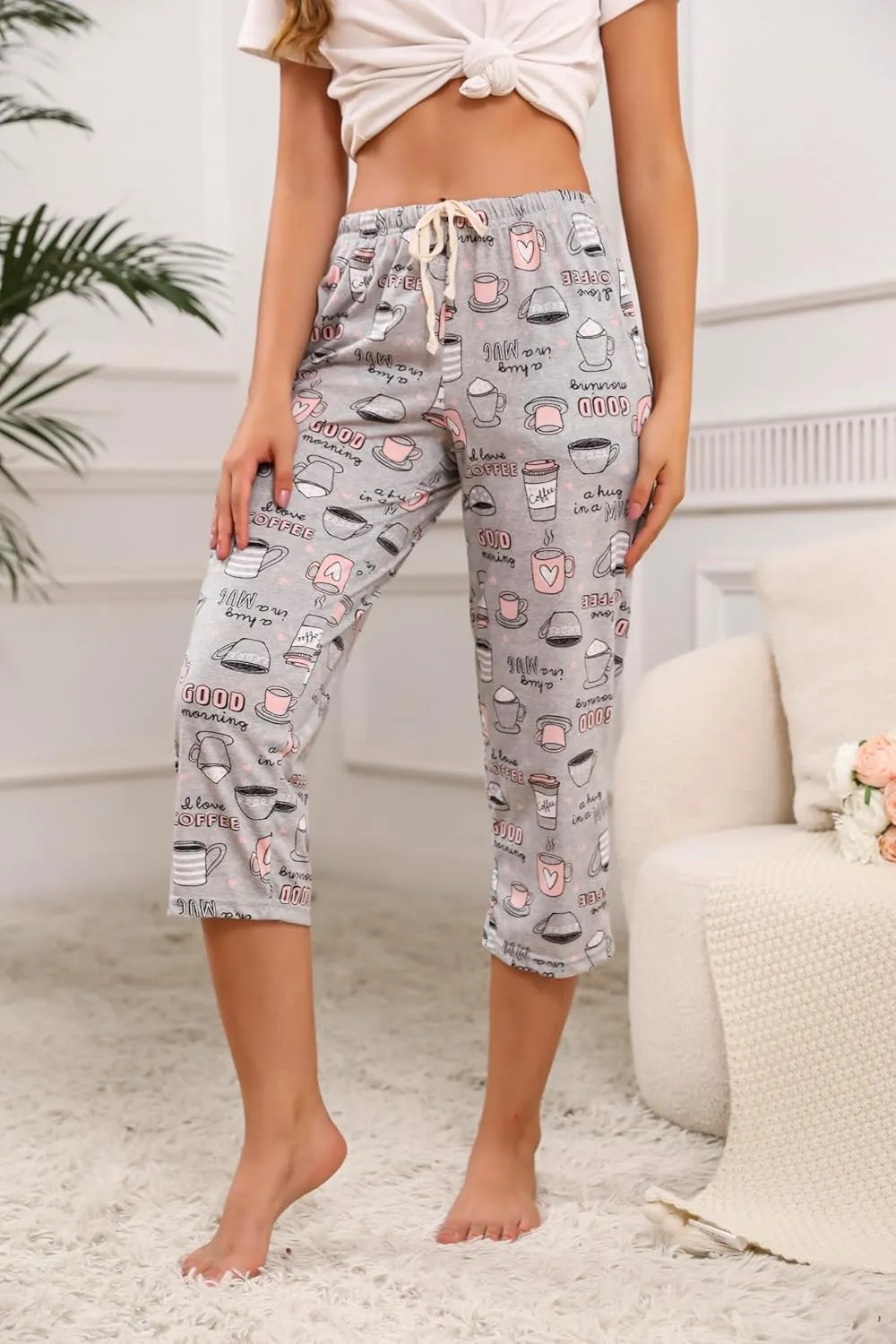PNAEONG 3 Pack Women Pajama Pants Capri Length Drawstring Pj Bottoms Sleep Lounge Pants with Pockets S-3XL