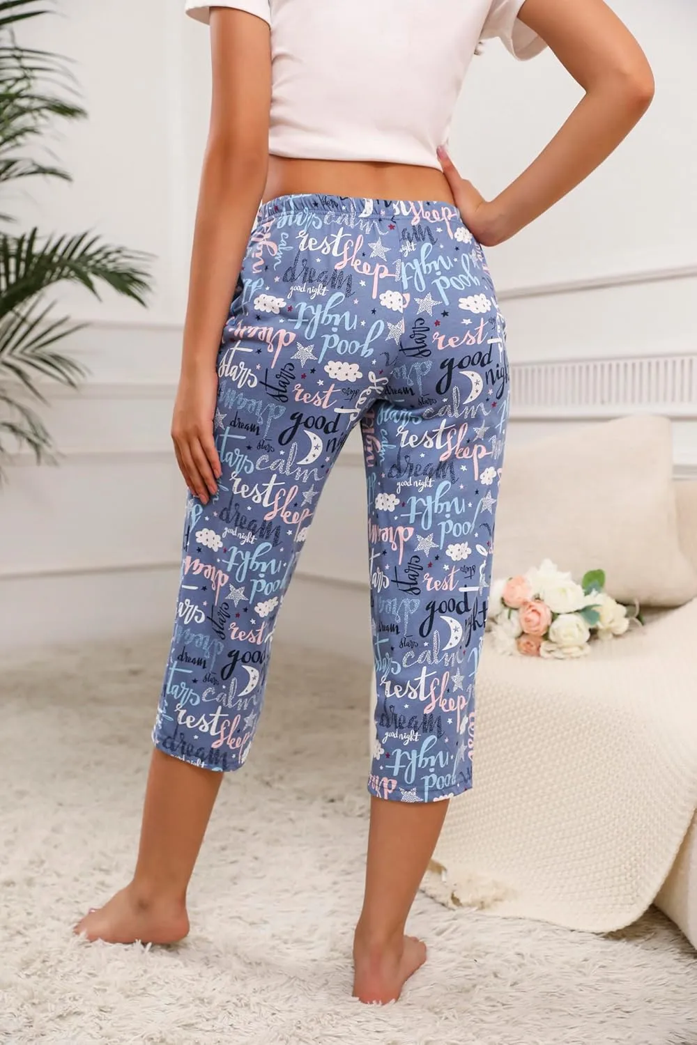 PNAEONG 3 Pack Women Pajama Pants Capri Length Drawstring Pj Bottoms Sleep Lounge Pants with Pockets S-3XL