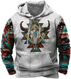 PORCLAY Mens Aztec Hoodie Western Cowboy Hooded Sweatshirt Country Graphic Print Oversized Pullover Shirts with Pocket