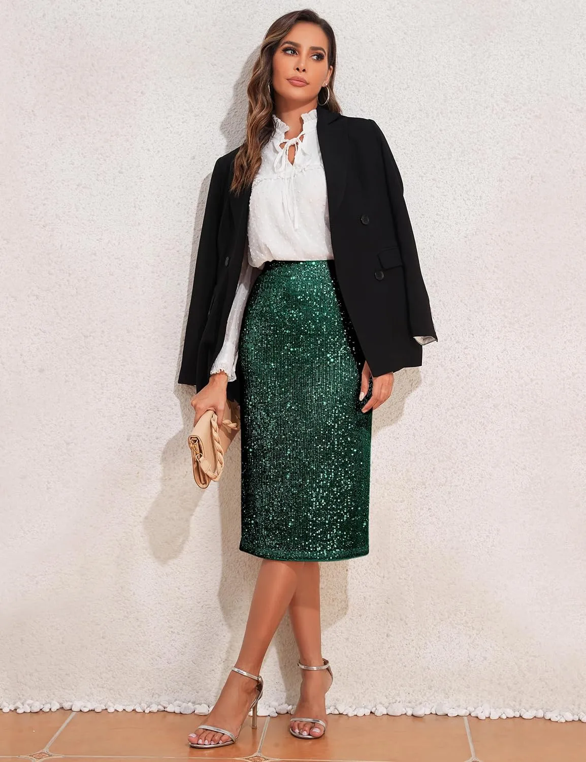 PrettyGuide Women's Sparkly Sequin Skirt High Waist Bodycon Glitter Cocktail Party Midi Skirts with Slit Back