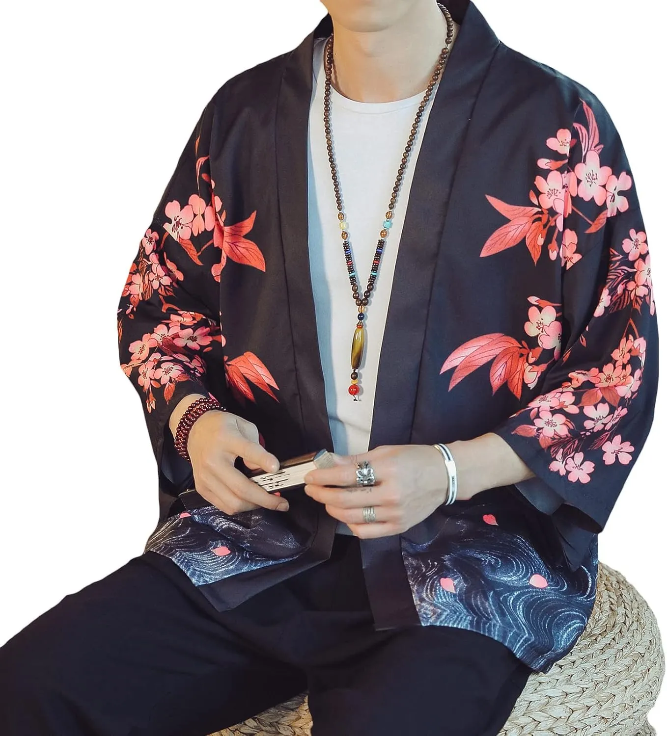 PRIJOUHE Men's Lightweight Kimono Jacket Seven Sleeve Open Front Cardigan Coat Japanese Style Bathrobe