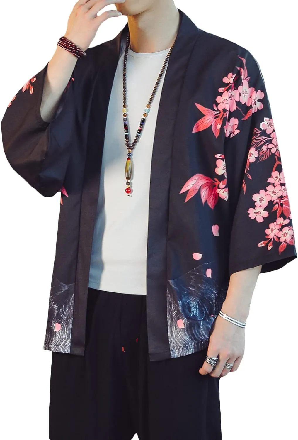 PRIJOUHE Men's Lightweight Kimono Jacket Seven Sleeve Open Front Cardigan Coat Japanese Style Bathrobe