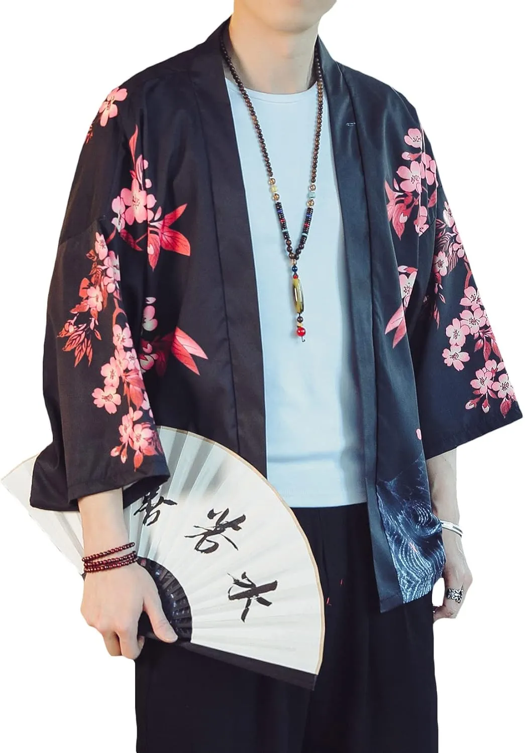PRIJOUHE Men's Lightweight Kimono Jacket Seven Sleeve Open Front Cardigan Coat Japanese Style Bathrobe
