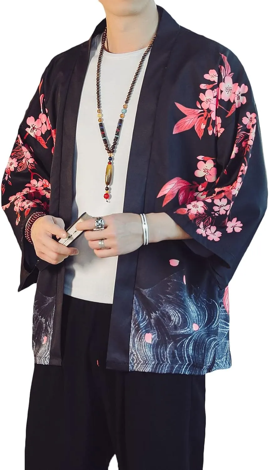 PRIJOUHE Men's Lightweight Kimono Jacket Seven Sleeve Open Front Cardigan Coat Japanese Style Bathrobe