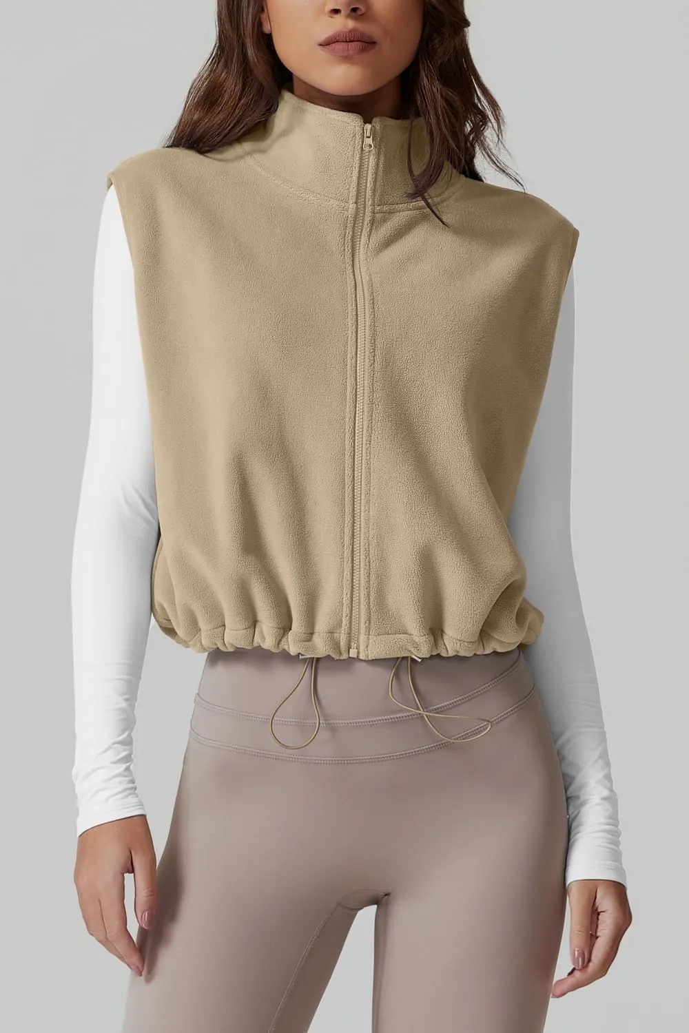 QINSEN Women's Full Zip Fleece Short Jacket Vest Warm Winter Sleeveless Stand Collar Sherpa Crop Coat