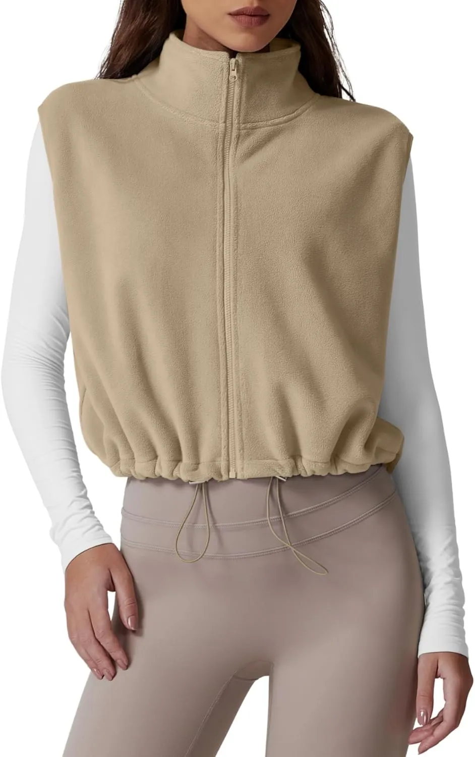 QINSEN Women's Full Zip Fleece Short Jacket Vest Warm Winter Sleeveless Stand Collar Sherpa Crop Coat