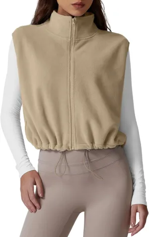 QINSEN Women's Full Zip Fleece Short Jacket Vest Warm Winter Sleeveless Stand Collar Sherpa Crop Coat