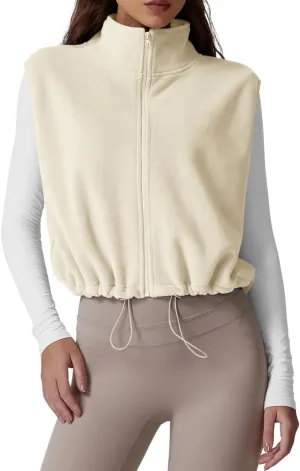 QINSEN Women's Full Zip Fleece Short Jacket Vest Warm Winter Sleeveless Stand Collar Sherpa Crop Coat