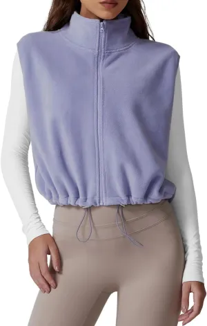 QINSEN Women's Full Zip Fleece Short Jacket Vest Warm Winter Sleeveless Stand Collar Sherpa Crop Coat