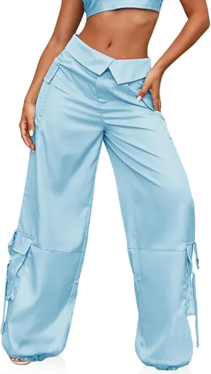 RAISECOM Cargo Pants for Women Lapel Waist Parachute Pants Casual Straight Pants with Flap Pockets