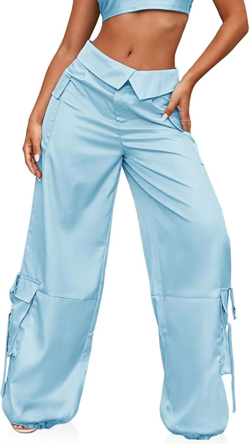 RAISECOM Cargo Pants for Women Lapel Waist Parachute Pants Casual Straight Pants with Flap Pockets