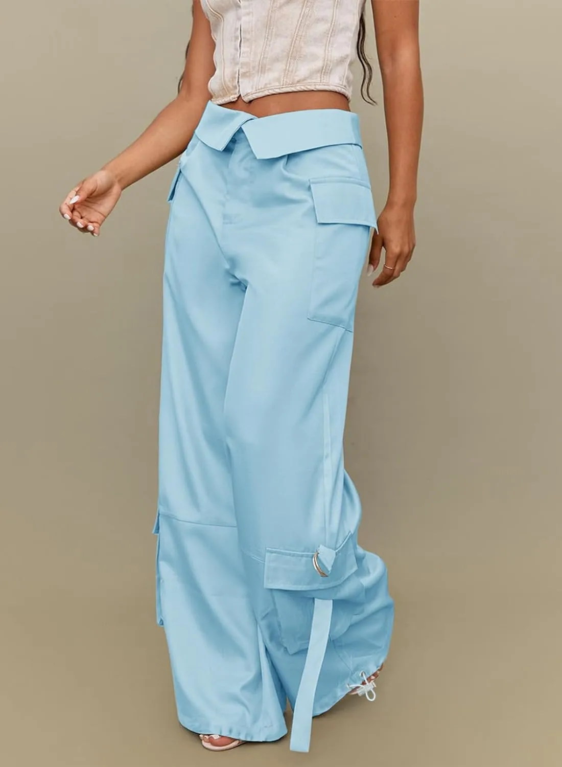 RAISECOM Cargo Pants for Women Lapel Waist Parachute Pants Casual Straight Pants with Flap Pockets