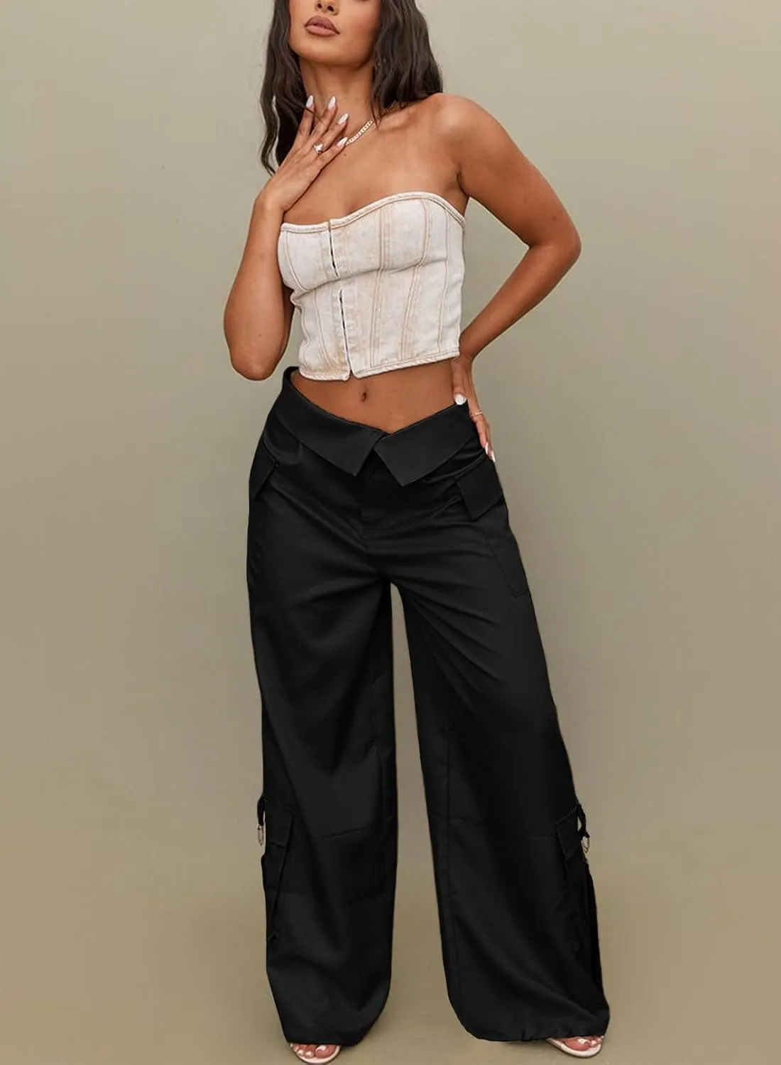 RAISECOM Cargo Pants for Women Lapel Waist Parachute Pants Casual Straight Pants with Flap Pockets
