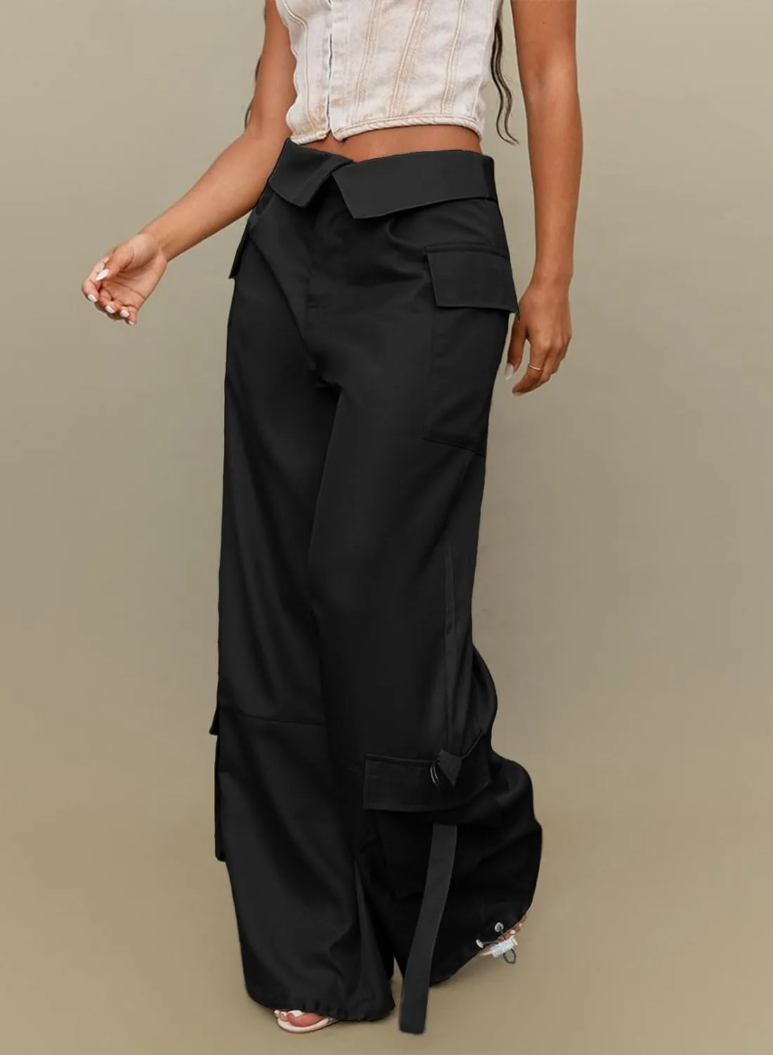 RAISECOM Cargo Pants for Women Lapel Waist Parachute Pants Casual Straight Pants with Flap Pockets