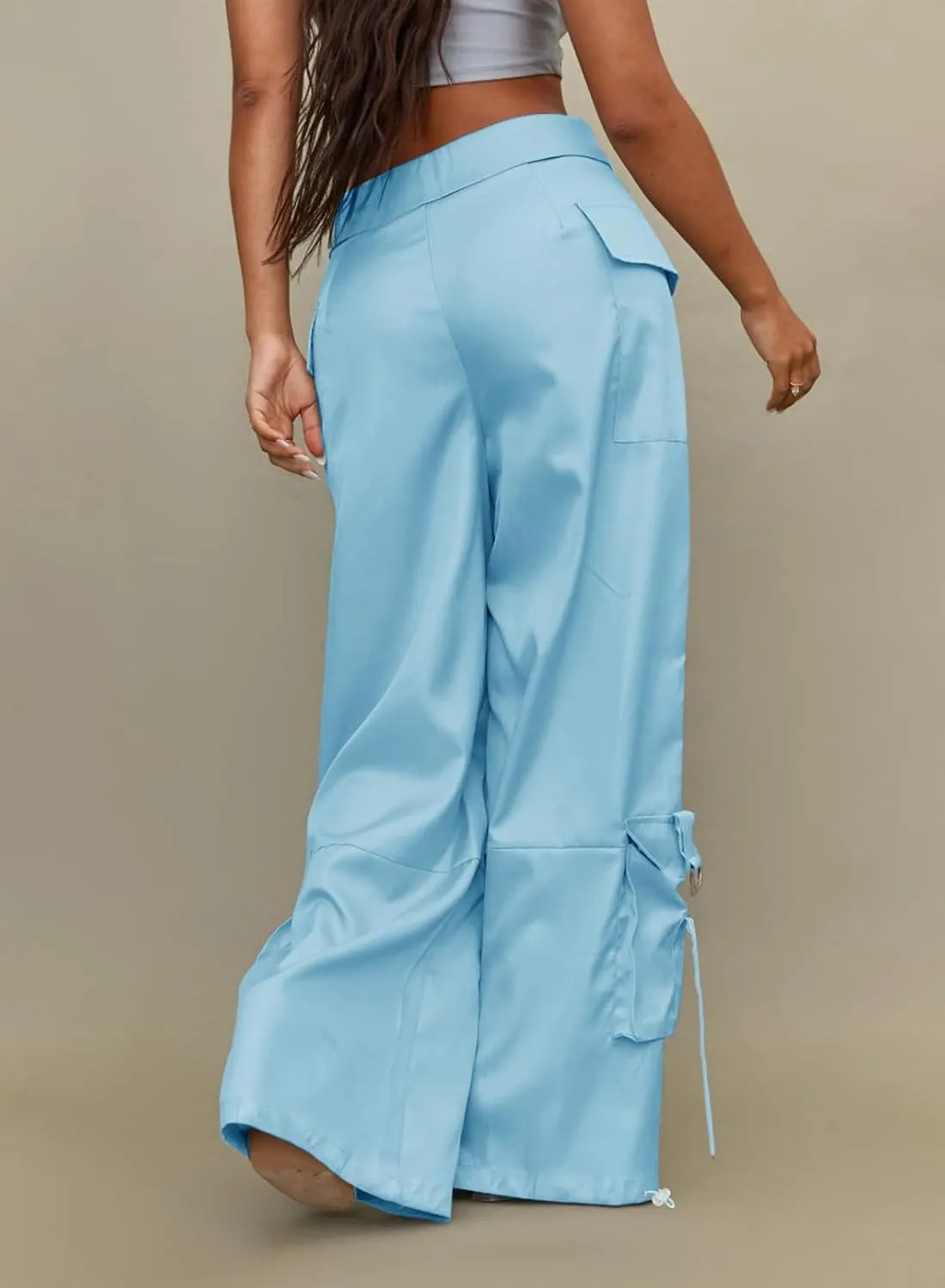 RAISECOM Cargo Pants for Women Lapel Waist Parachute Pants Casual Straight Pants with Flap Pockets
