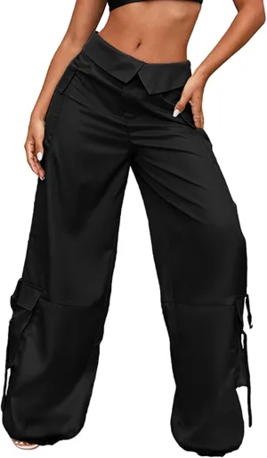 RAISECOM Cargo Pants for Women Lapel Waist Parachute Pants Casual Straight Pants with Flap Pockets