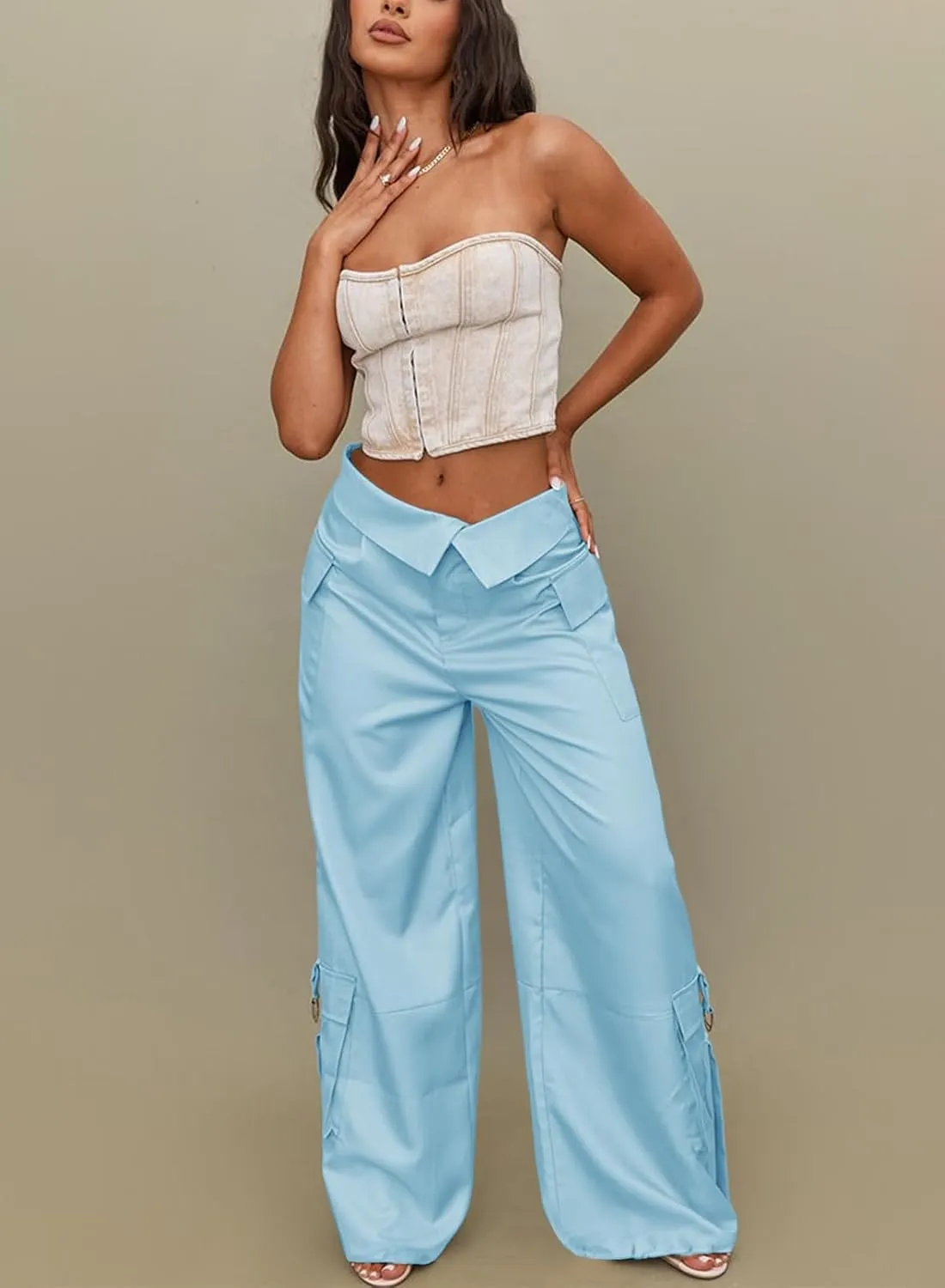 RAISECOM Cargo Pants for Women Lapel Waist Parachute Pants Casual Straight Pants with Flap Pockets