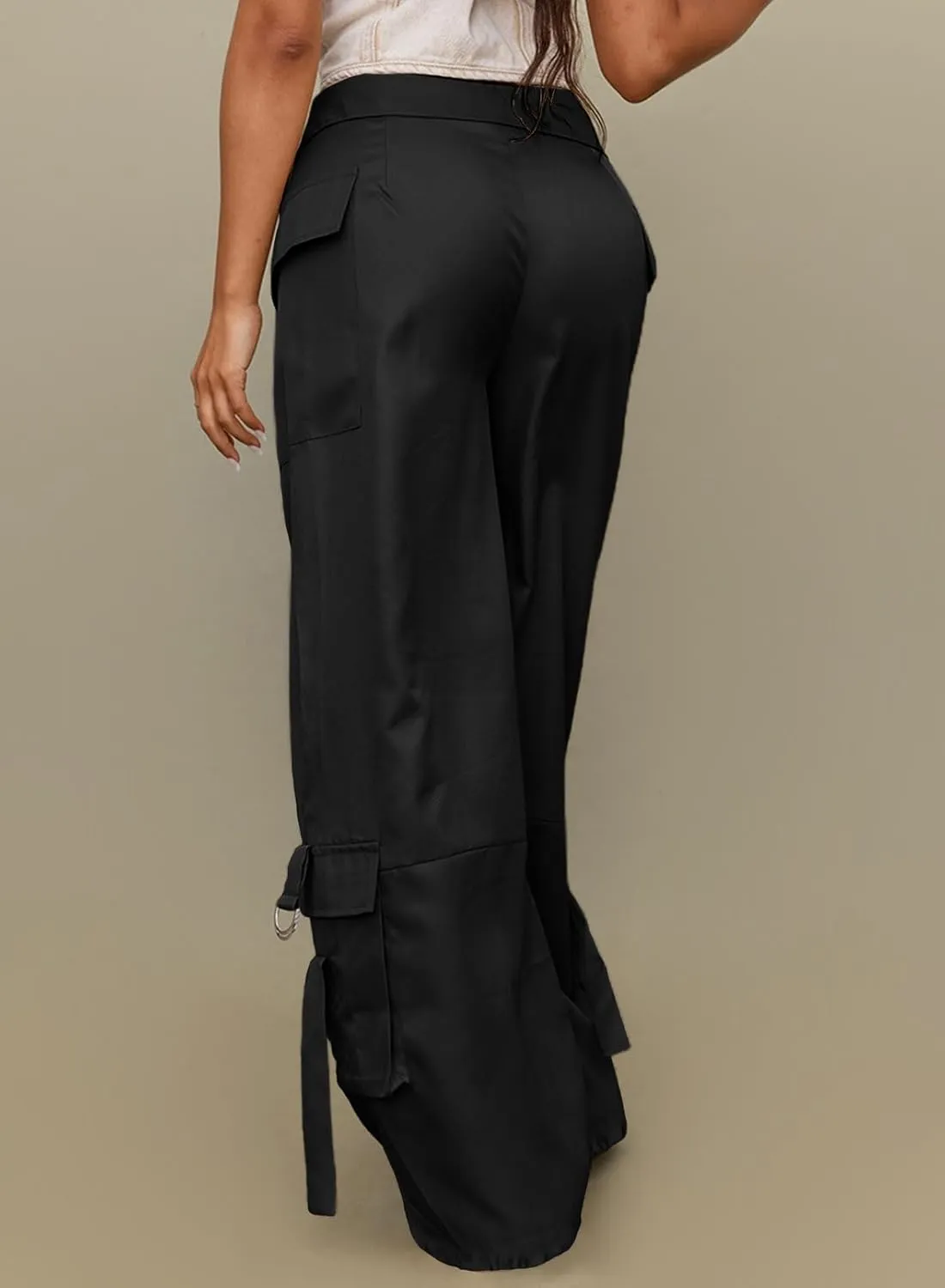 RAISECOM Cargo Pants for Women Lapel Waist Parachute Pants Casual Straight Pants with Flap Pockets