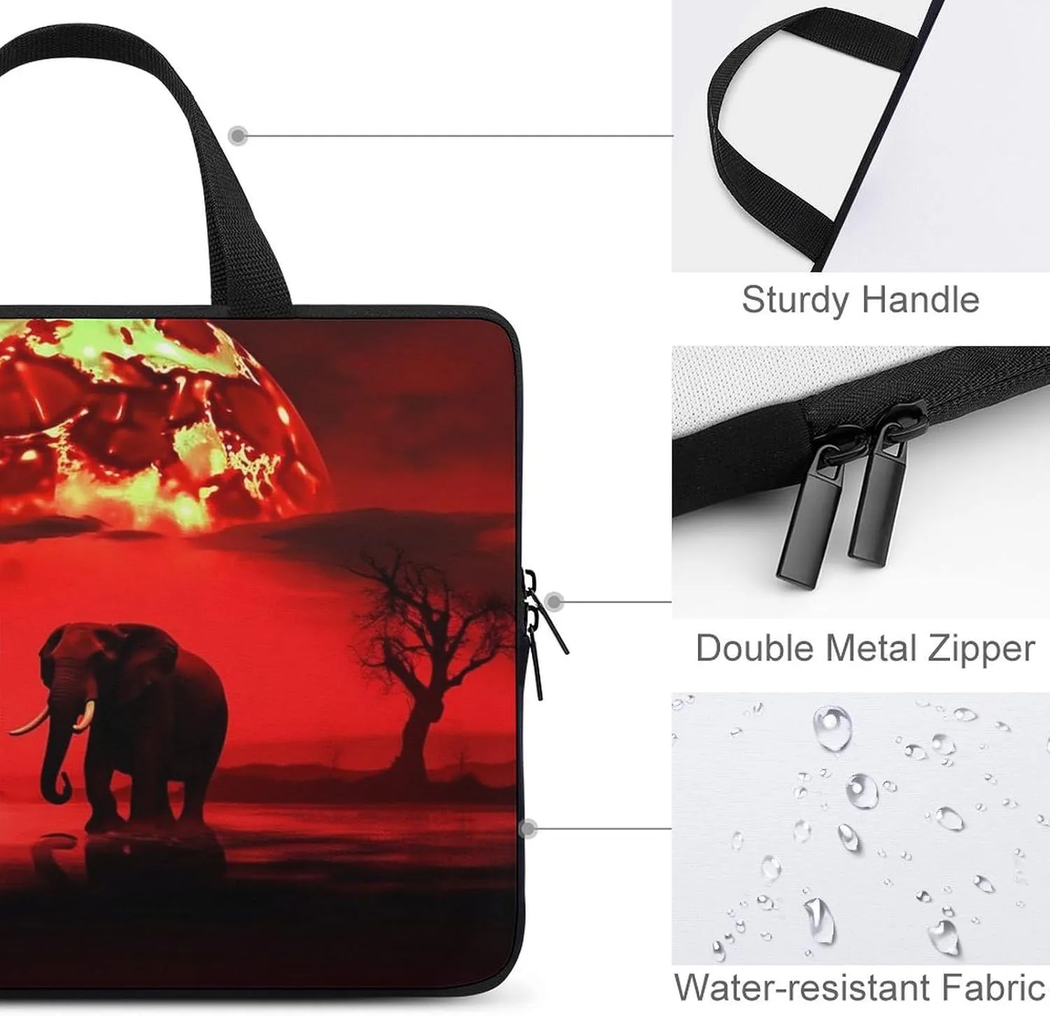 Red Full Moon Elephants Laptop Bag Durable Laptop Sleeve Water-Resistant Notebook Bag for Computer Or Tablet