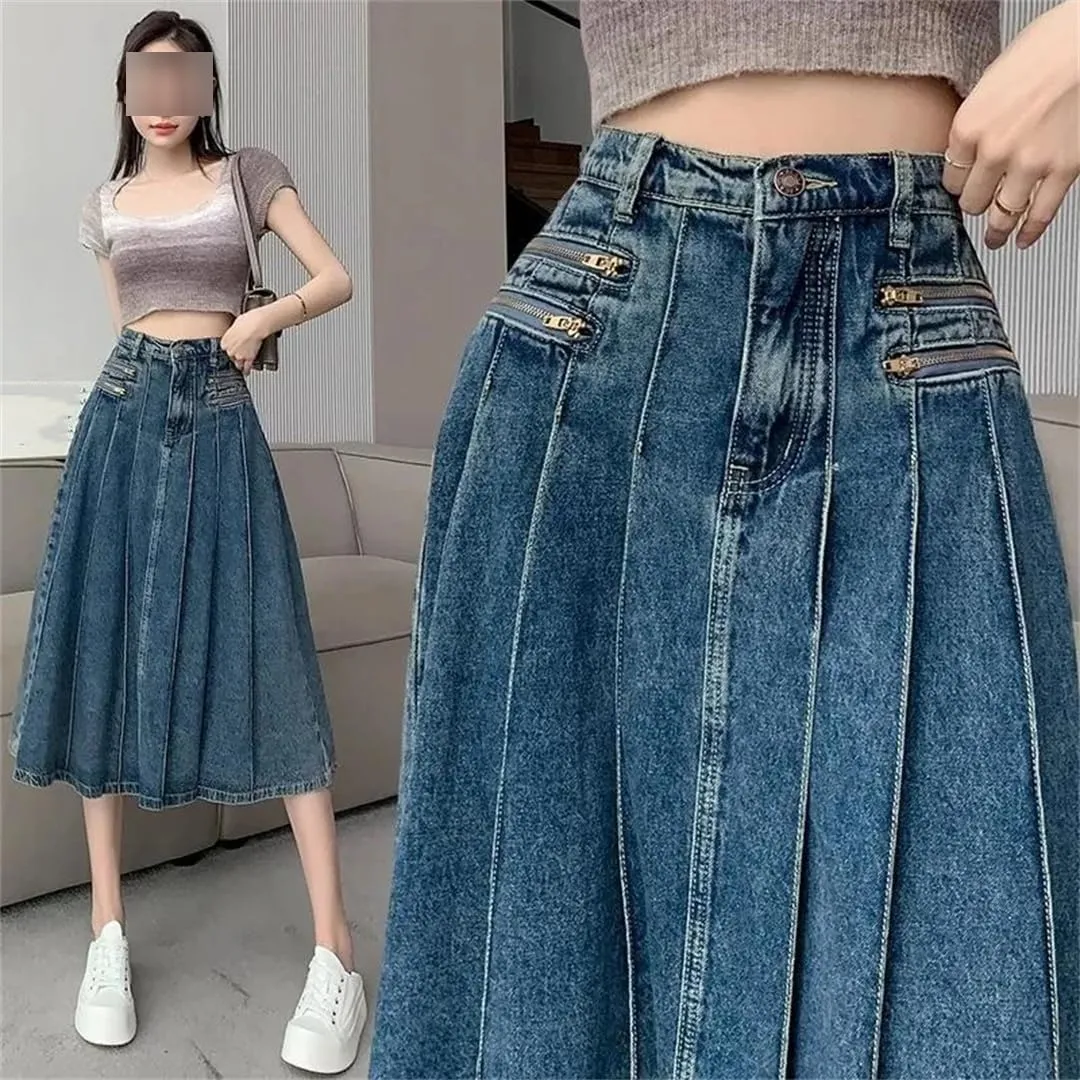Retro Pleated Denim Skirt for Women's Summer Slim High Waisted A-Line Skirts Casual Wear