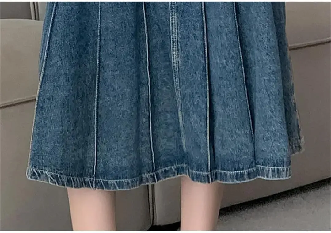 Retro Pleated Denim Skirt for Women's Summer Slim High Waisted A-Line Skirts Casual Wear