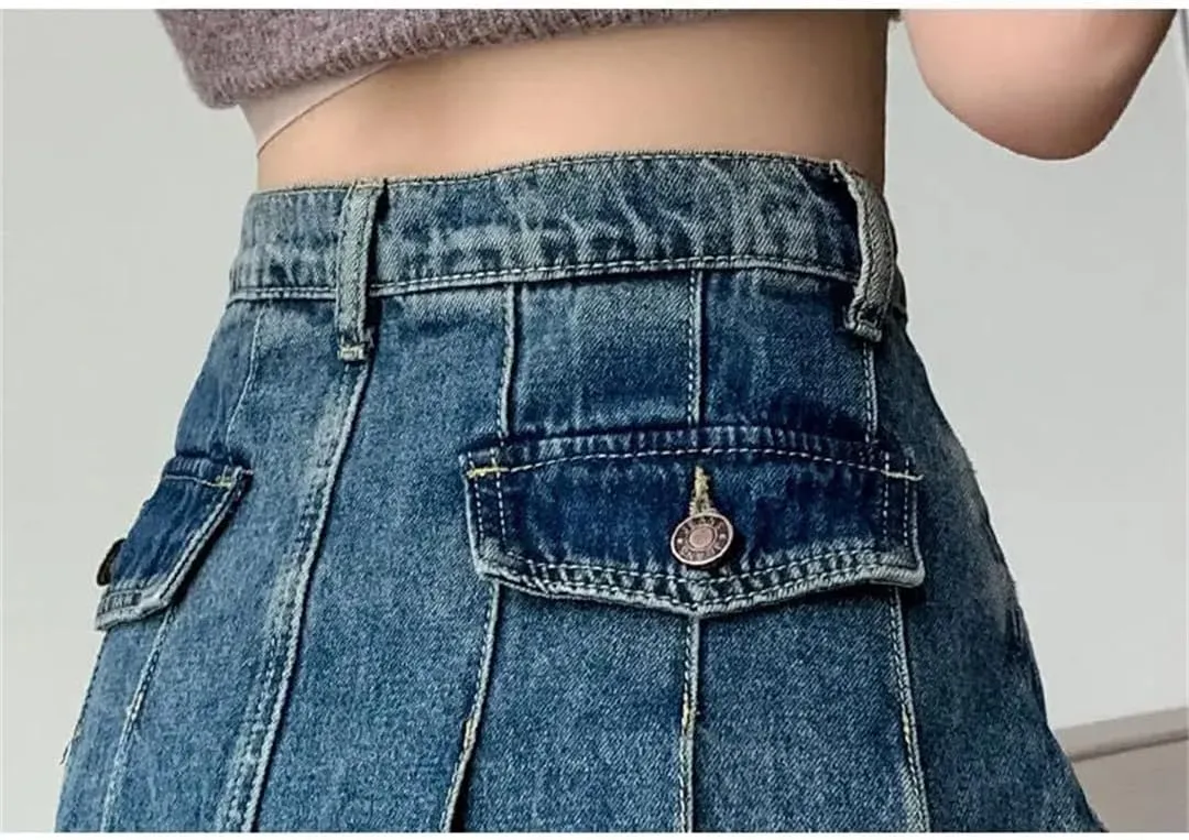 Retro Pleated Denim Skirt for Women's Summer Slim High Waisted A-Line Skirts Casual Wear