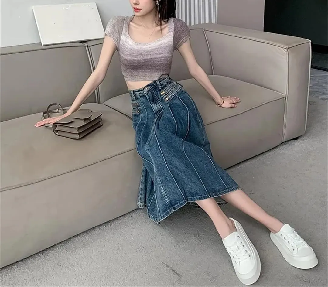 Retro Pleated Denim Skirt for Women's Summer Slim High Waisted A-Line Skirts Casual Wear