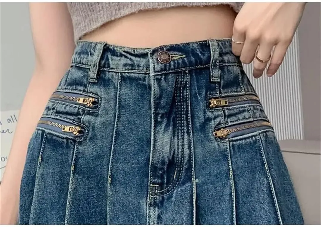 Retro Pleated Denim Skirt for Women's Summer Slim High Waisted A-Line Skirts Casual Wear