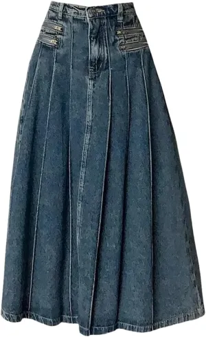 Retro Pleated Denim Skirt for Women's Summer Slim High Waisted A-Line Skirts Casual Wear