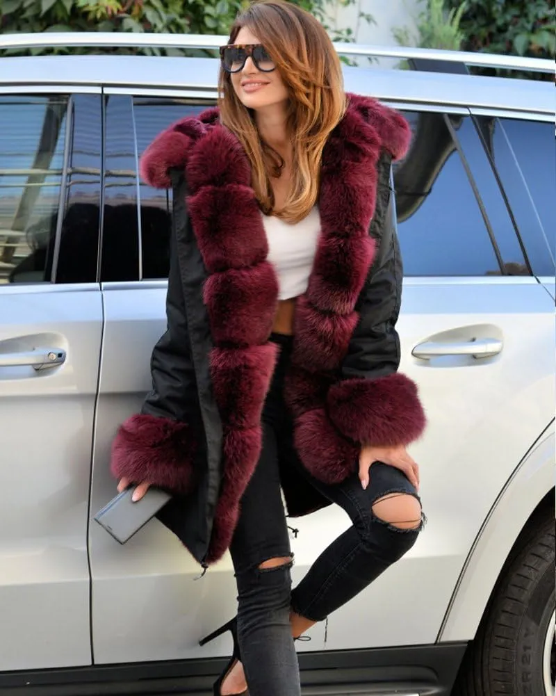 Roiii Women Thicken Warm Winter Coat Hood Down Parka Fleece Fur Outdoor Overcoat Long Jacket Outwear