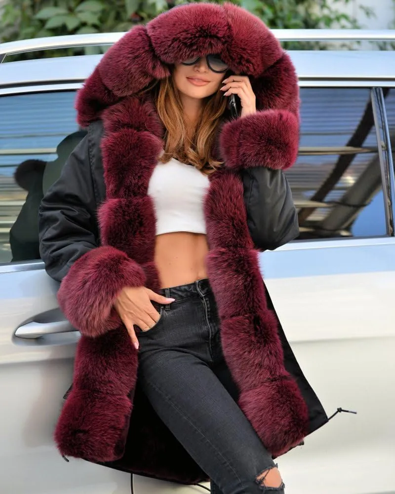 Roiii Women Thicken Warm Winter Coat Hood Down Parka Fleece Fur Outdoor Overcoat Long Jacket Outwear