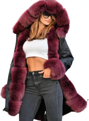 Roiii Women Thicken Warm Winter Coat Hood Down Parka Fleece Fur Outdoor Overcoat Long Jacket Outwear