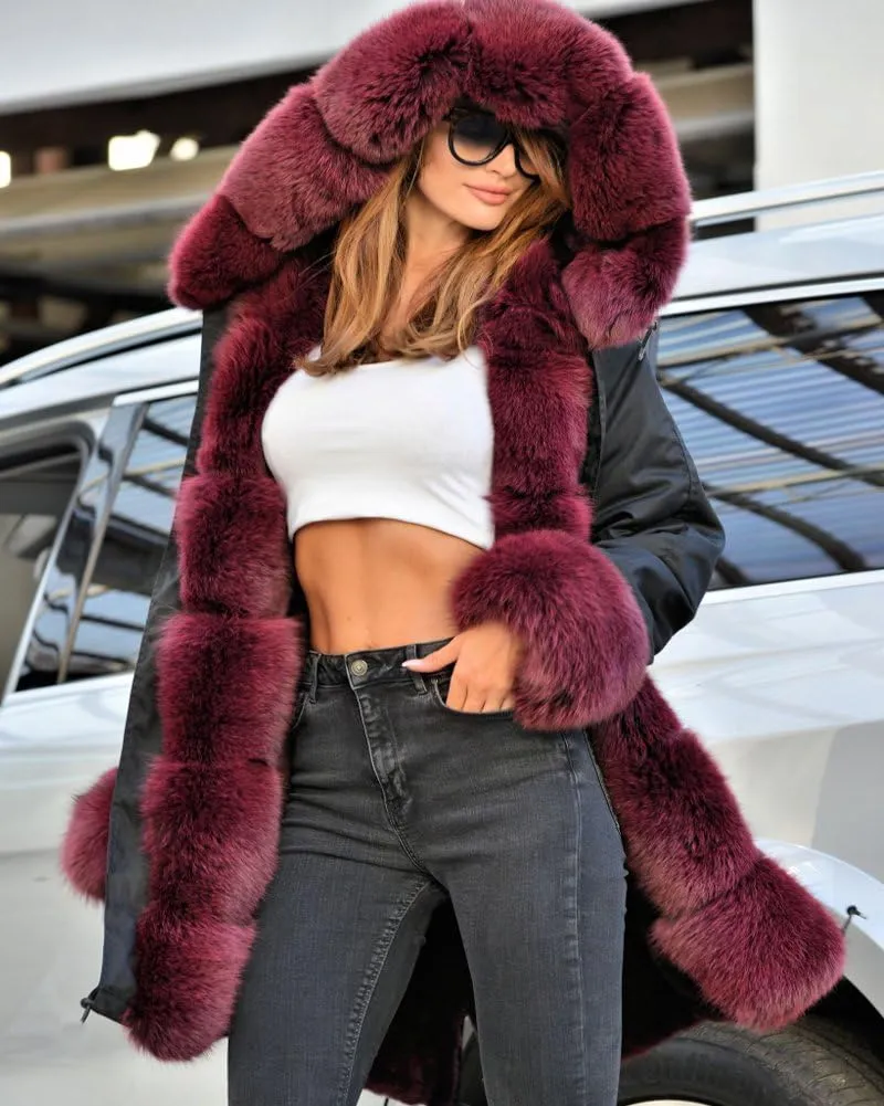Roiii Women Thicken Warm Winter Coat Hood Down Parka Fleece Fur Outdoor Overcoat Long Jacket Outwear