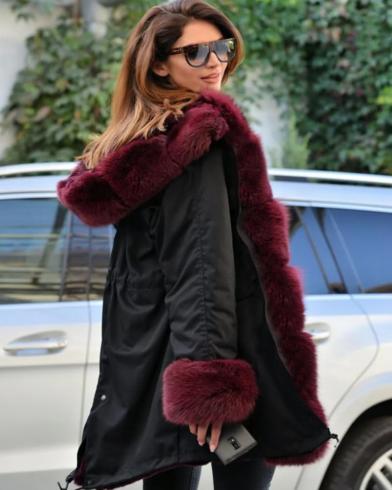 Roiii Women Thicken Warm Winter Coat Hood Down Parka Fleece Fur Outdoor Overcoat Long Jacket Outwear