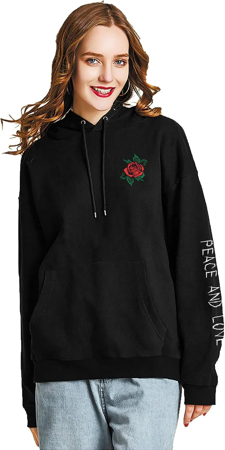 Rose Embroidered Hoodie For Men Women Long Sleeve Letters Printed Hip Hop Hoodie Hooded Sweatshirt