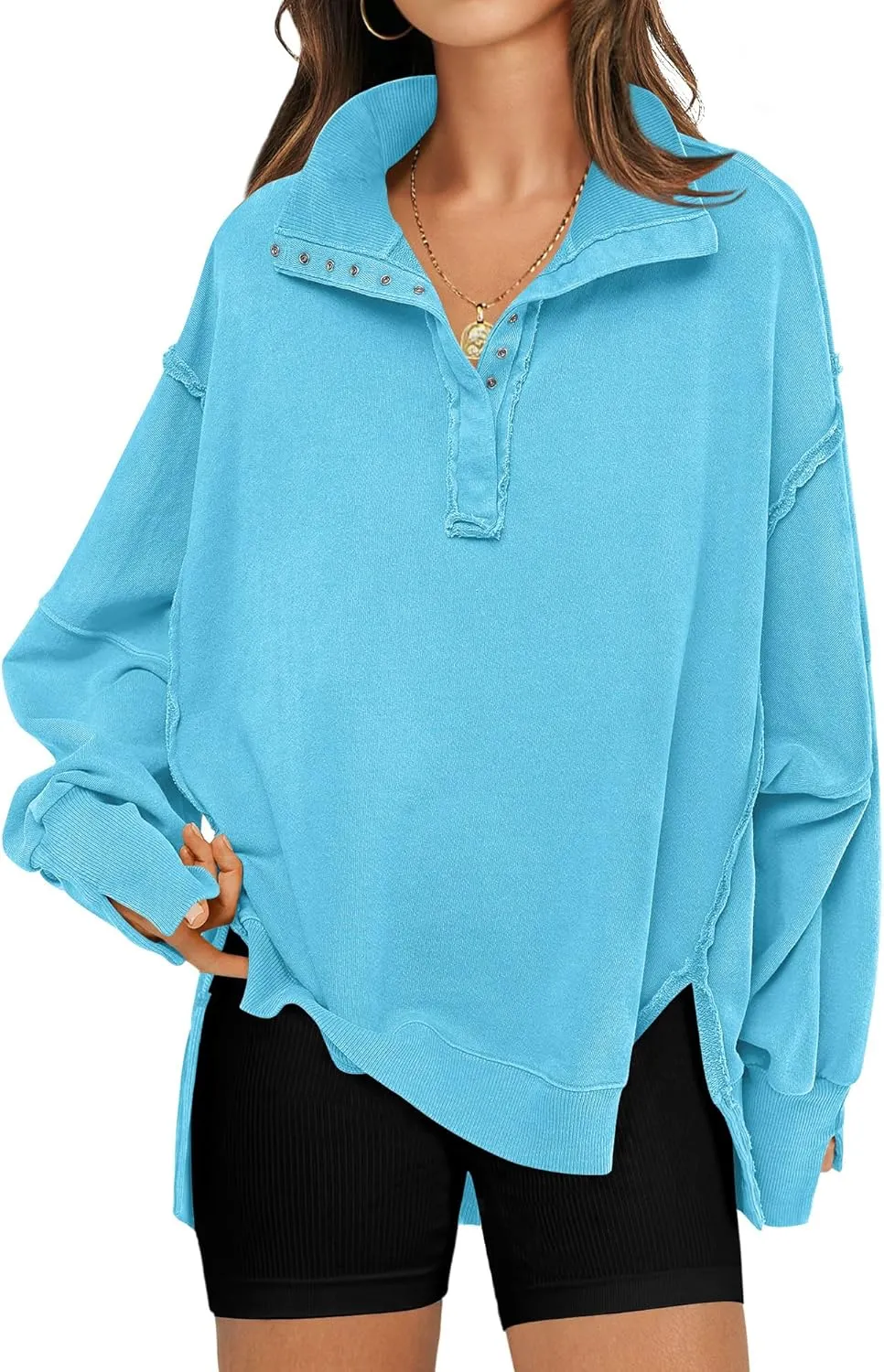 RUBZOOF Oversized Sweatshirt for Women Trendy Button Henley Neck Pullover Long Sleeve Tops Casual Fall Clothes XS-XL