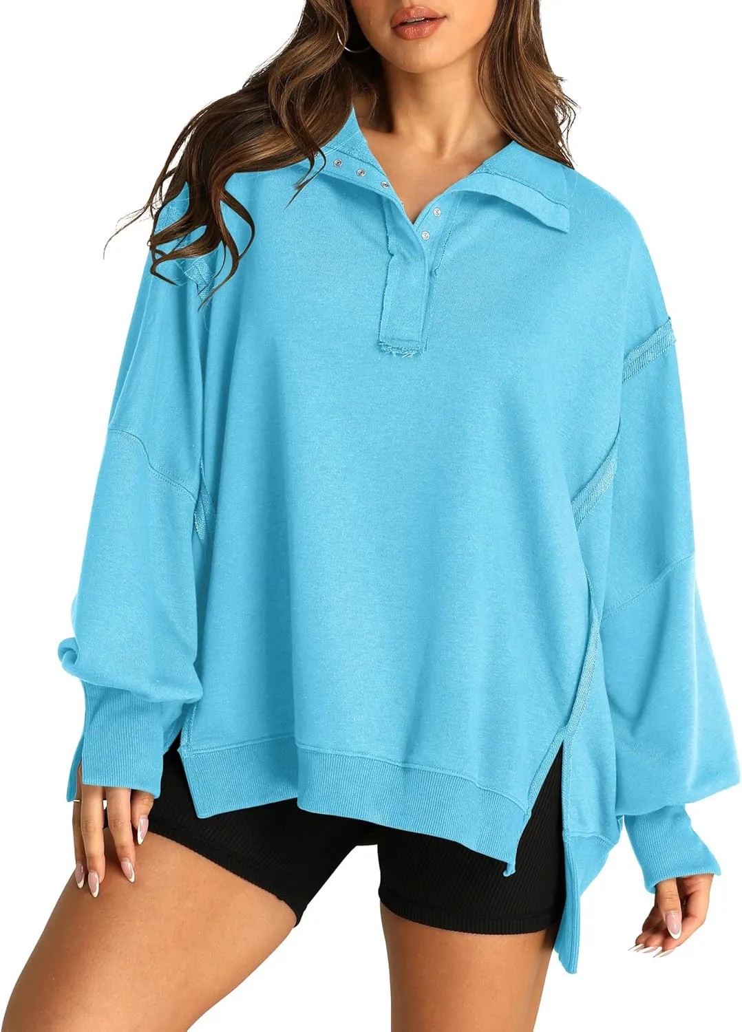 RUBZOOF Oversized Sweatshirt for Women Trendy Button Henley Neck Pullover Long Sleeve Tops Casual Fall Clothes XS-XL
