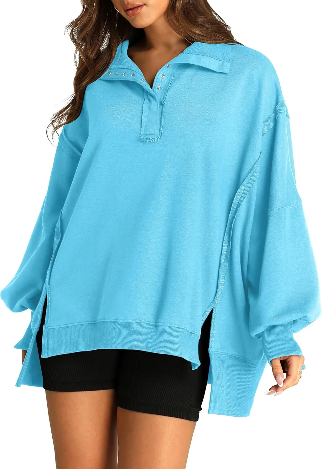 RUBZOOF Oversized Sweatshirt for Women Trendy Button Henley Neck Pullover Long Sleeve Tops Casual Fall Clothes XS-XL
