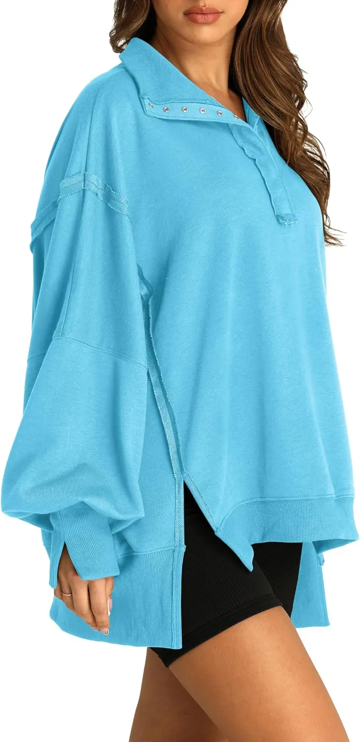 RUBZOOF Oversized Sweatshirt for Women Trendy Button Henley Neck Pullover Long Sleeve Tops Casual Fall Clothes XS-XL