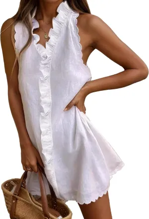 Ruffle Linen Mini Dress Women Summer Sleeveless V Neck Beach Sundress Casual Vacation Loose Short Shift Tank Dress