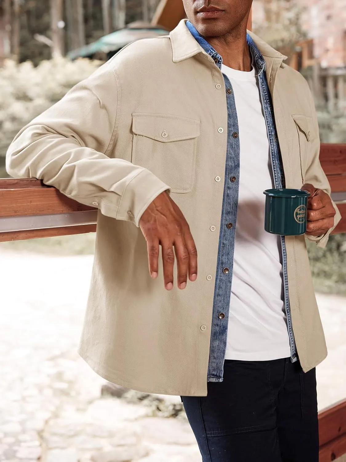 Runcati Mens Casual Shacket Twill Button Down Shirt Jacket Long Sleeve Lightweight Jacket