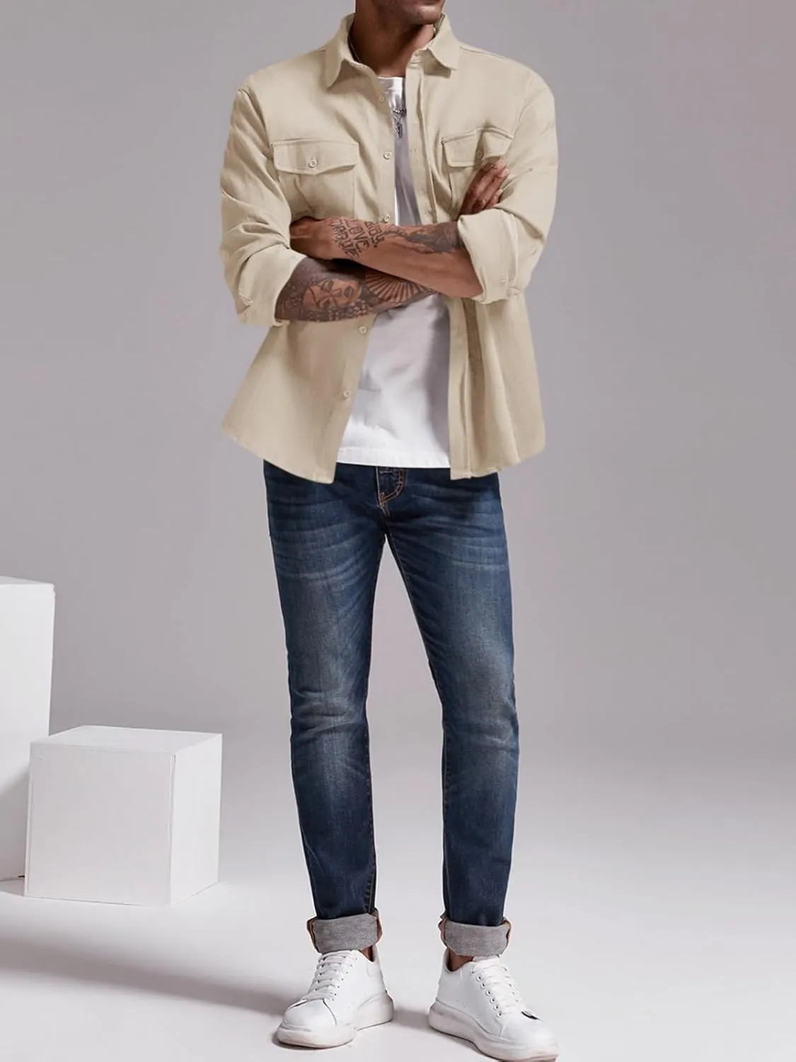 Runcati Mens Casual Shacket Twill Button Down Shirt Jacket Long Sleeve Lightweight Jacket
