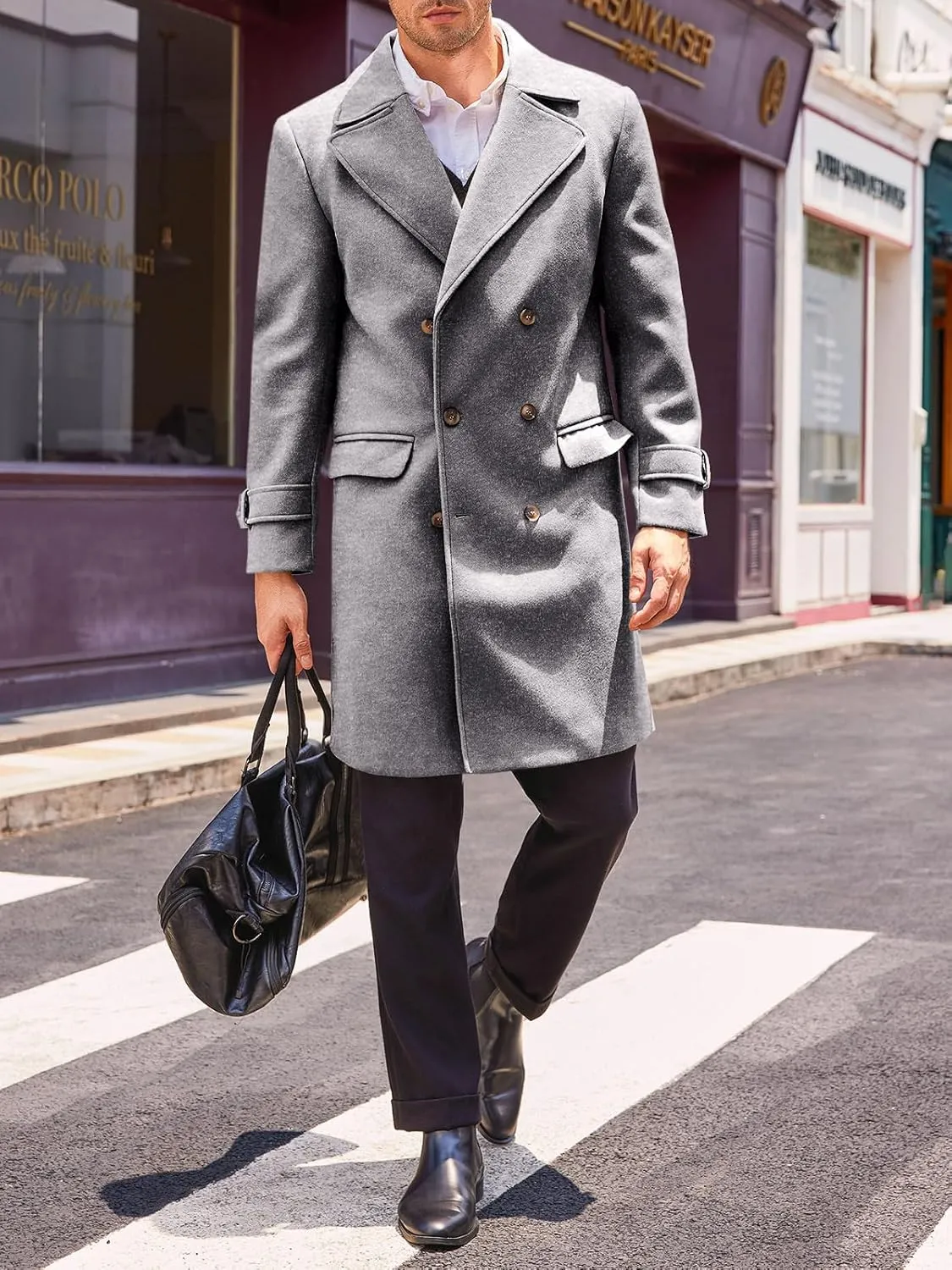 Runcati Mens Double Breasted Trench Coat Mid Long Jacket Notched Lapel Winter Chunky Warm Overcoat