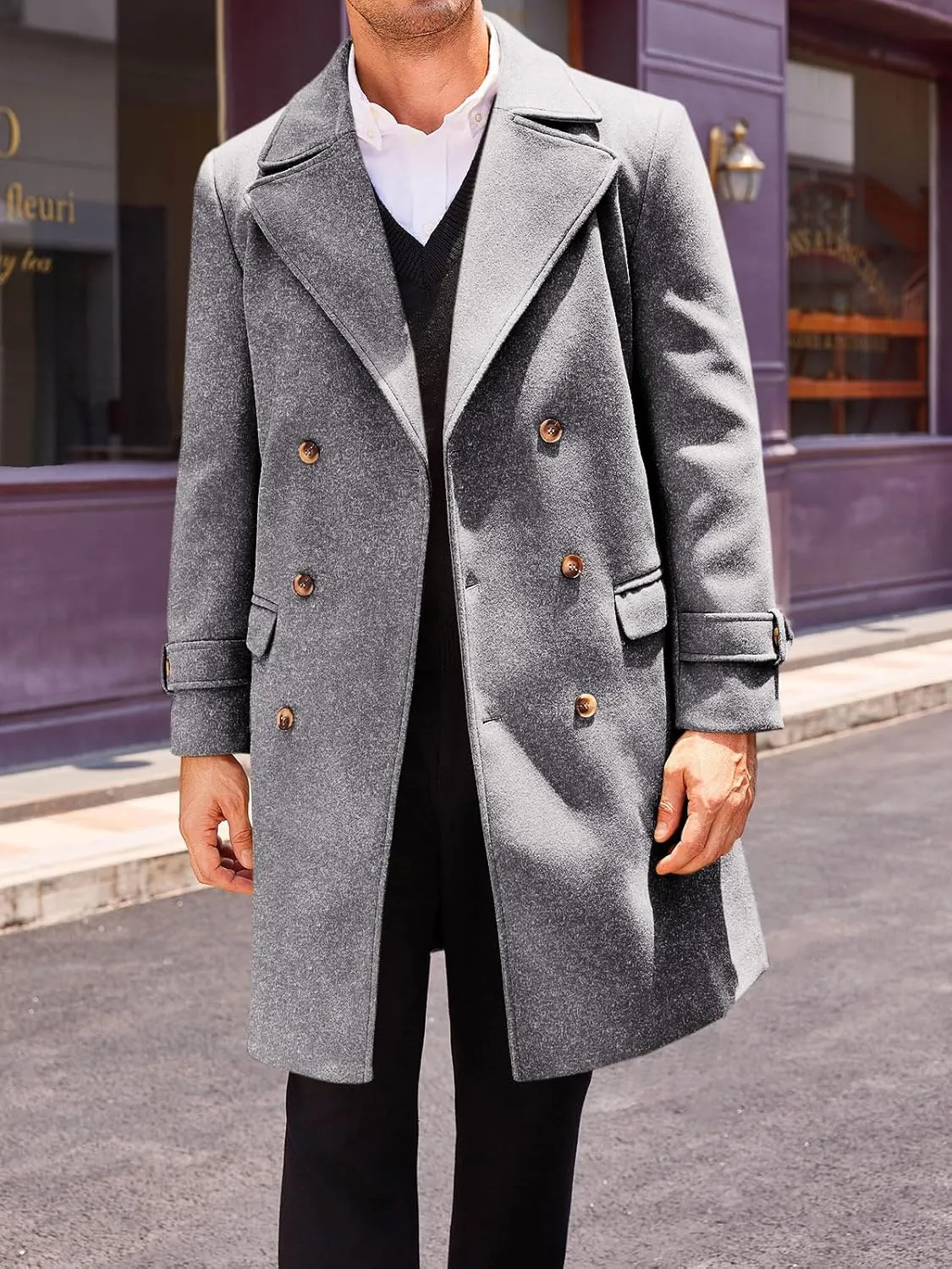 Runcati Mens Double Breasted Trench Coat Mid Long Jacket Notched Lapel Winter Chunky Warm Overcoat