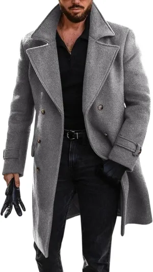 Runcati Mens Double Breasted Trench Coat Mid Long Jacket Notched Lapel Winter Chunky Warm Overcoat